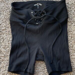 Year of Ours Black Ribbed Lace-Up Biker Shorts